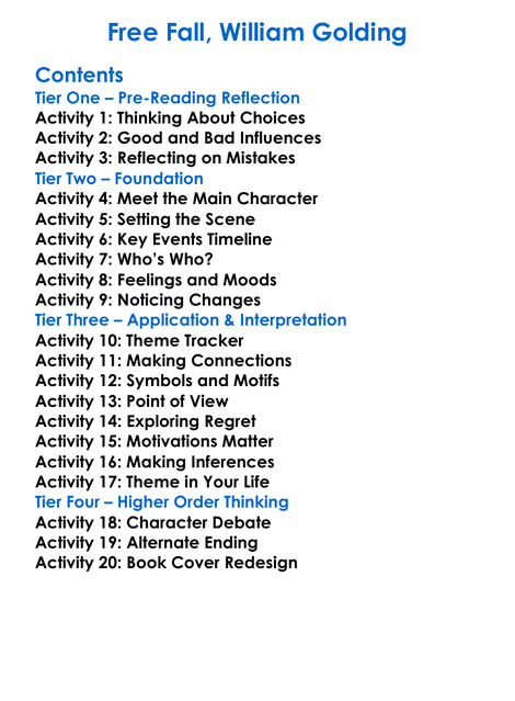 Free Fall William Golding Worksheet Activity Booklet