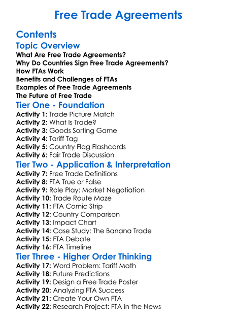 Free Trade Agreements Worksheet Activity Booklet