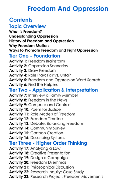 Freedom And Oppression Worksheet Activity Booklet