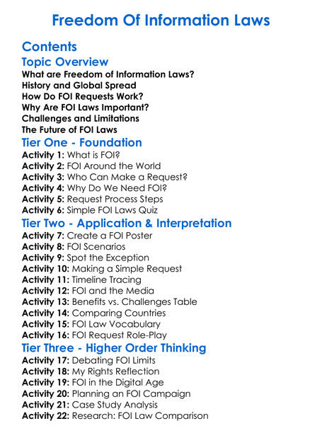 Freedom Of Information Laws Worksheet Activity Booklet