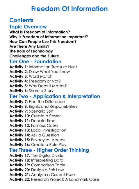 Freedom Of Information Worksheet Activity Booklet