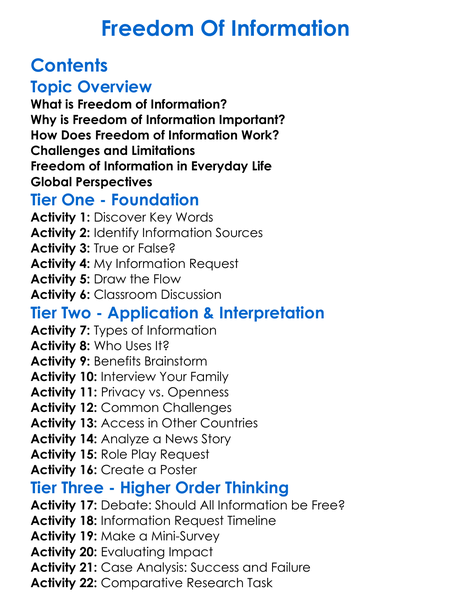 Freedom Of Information Worksheet Activity Booklet