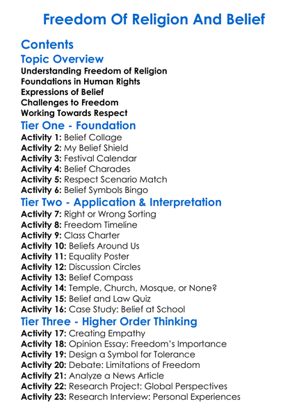 Freedom Of Religion And Belief Worksheet Activity Booklet