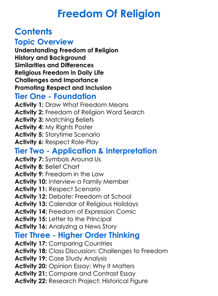 Freedom Of Religion Worksheet Activity Booklet