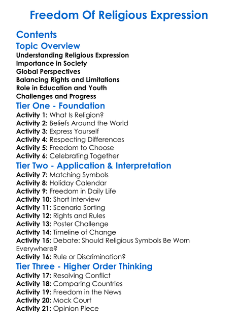 Freedom Of Religious Expression Worksheet Activity Booklet