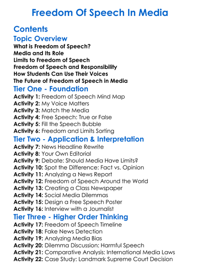 Freedom Of Speech In Media Worksheet Activity Booklet