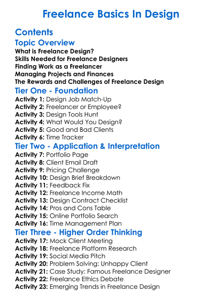 Freelance Basics In Design Worksheet Activity Booklet