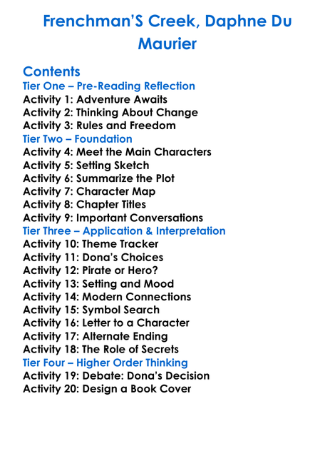 Frenchmans Creek Daphne Du Maurier Worksheet Activity Booklet