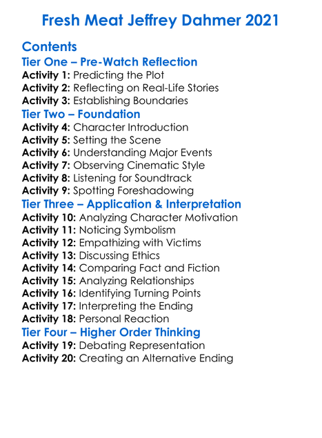 Fresh Meat Jeffrey Dahmer 2021 Worksheet Activity Booklet