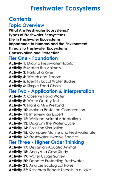 Freshwater Ecosystems Worksheet Activity Booklet