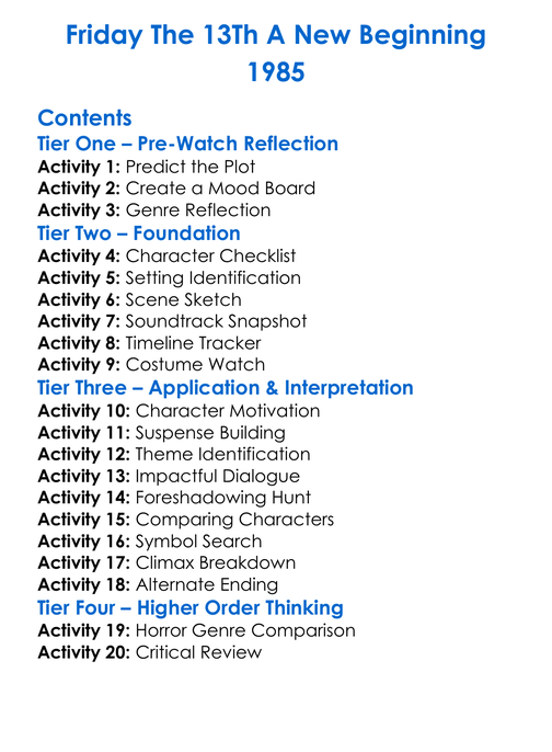 Friday The 13Th A New Beginning 1985 Worksheet Activity Booklet