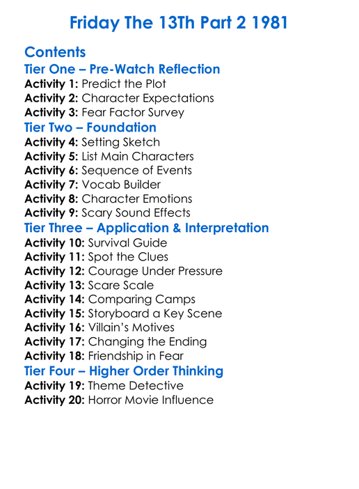 Friday The 13Th Part 2 1981 Worksheet Activity Booklet
