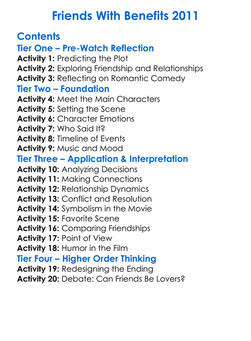 Friends With Benefits 2011 Worksheet Activity Booklet