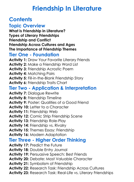Friendship In Literature Worksheet Activity Booklet
