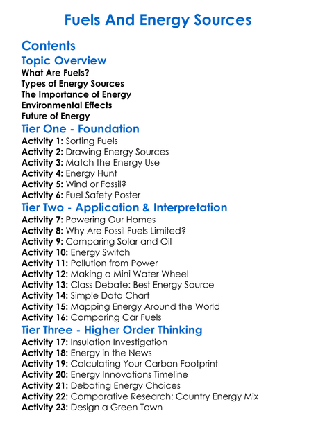 Fuels And Energy Sources Worksheet Activity Booklet