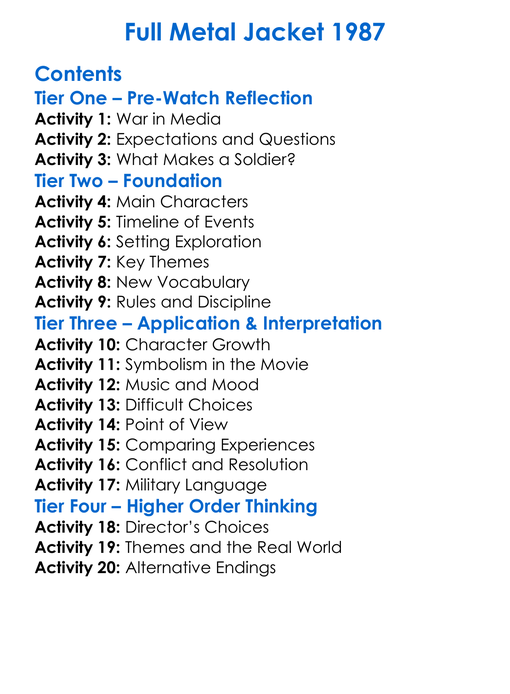 Full Metal Jacket 1987 Worksheet Activity Booklet