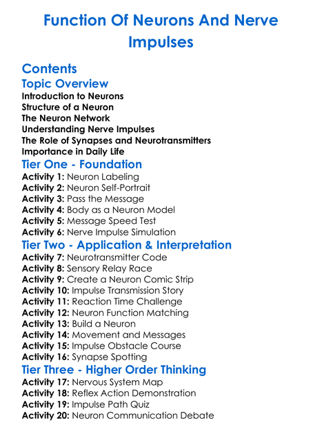 Function Of Neurons And Nerve Impulses Worksheet Activity Booklet
