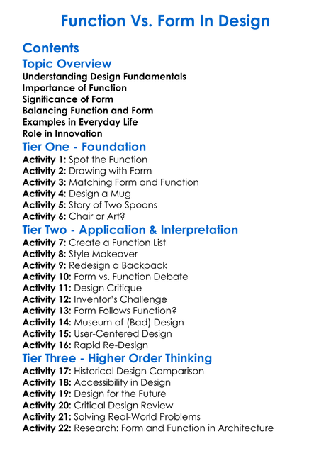 Function Vs Form In Design Worksheet Activity Booklet