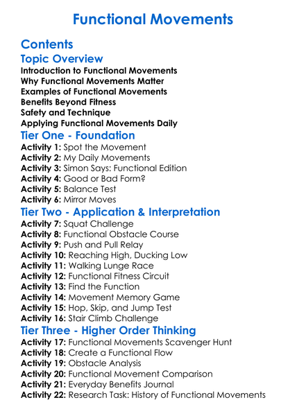 Functional Movements Worksheet Activity Booklet