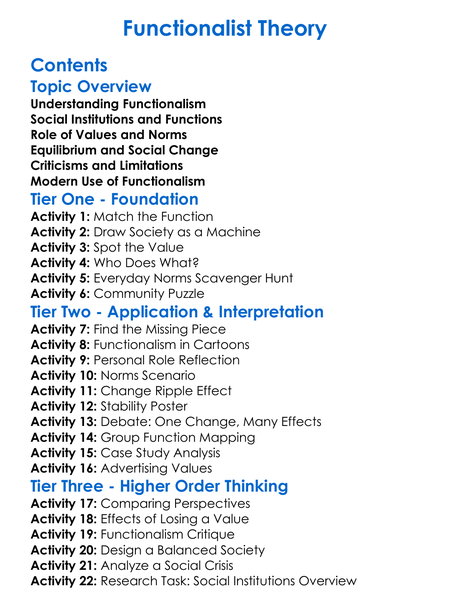 Functionalist Theory Worksheet Activity Booklet