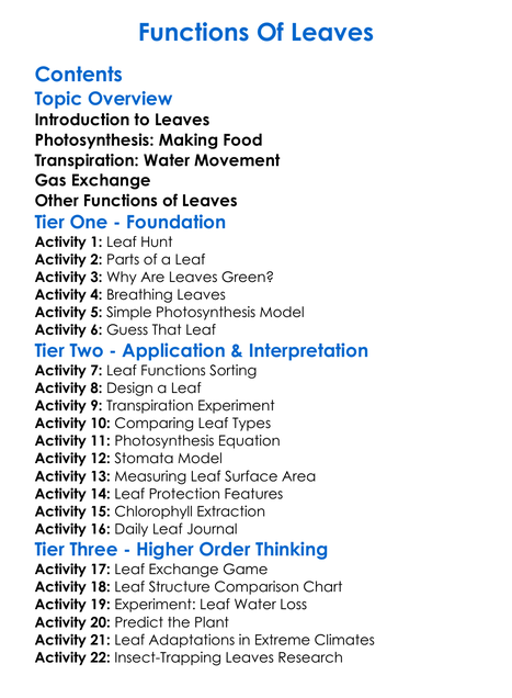 Functions Of Leaves Worksheet Activity Booklet