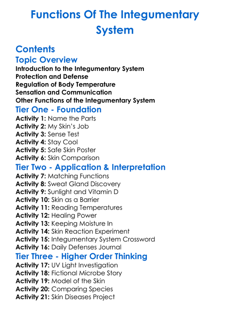 Functions Of The Integumentary System Worksheet Activity Booklet