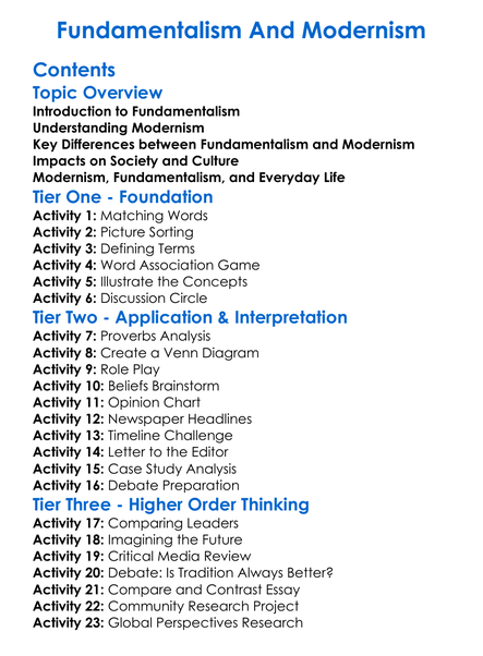 Fundamentalism And Modernism Worksheet Activity Booklet