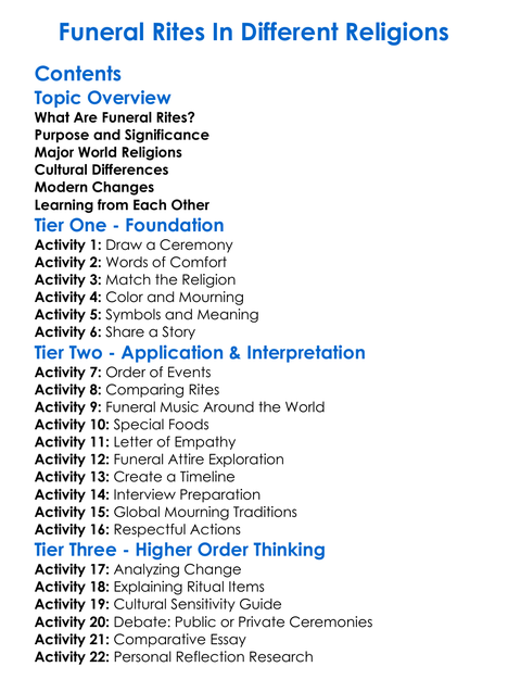 Funeral Rites In Different Religions Worksheet Activity Booklet