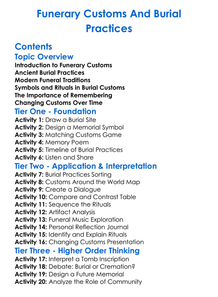 Funerary Customs And Burial Practices Worksheet Activity Booklet