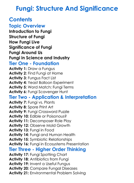 Fungi Structure And Significance Worksheet Activity Booklet