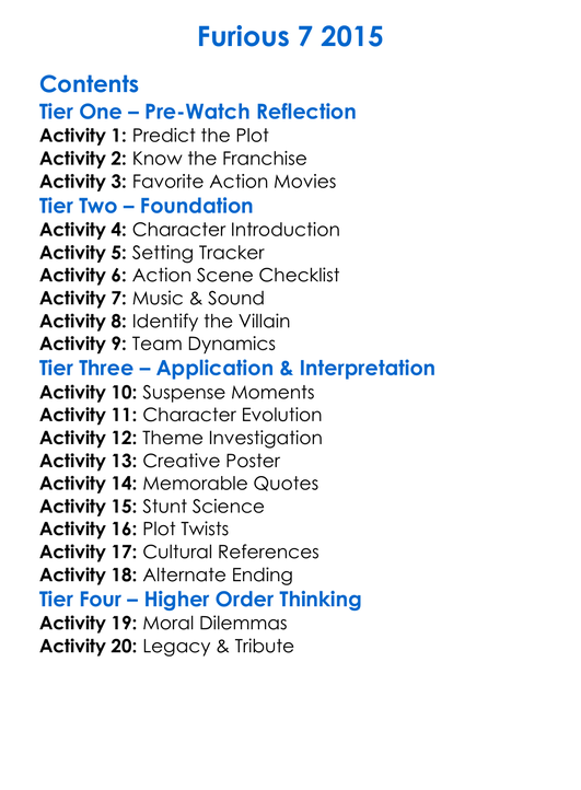 Furious 7 2015 Worksheet Activity Booklet