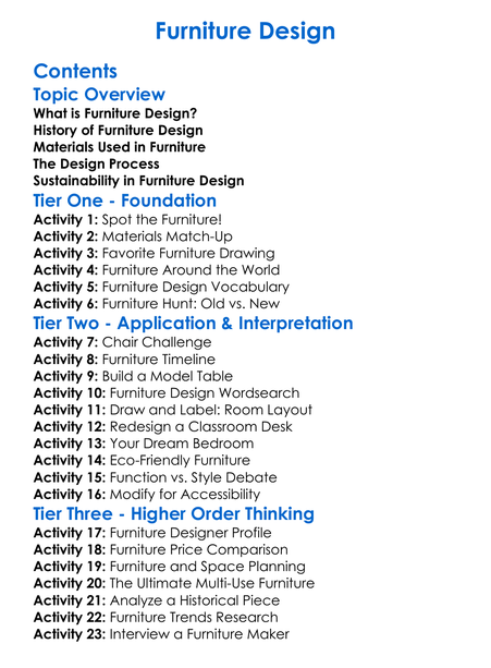 Furniture Design Worksheet Activity Booklet
