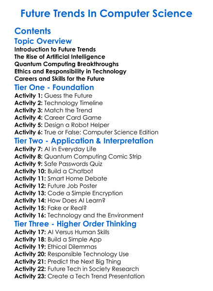 Future Trends In Computer Science Worksheet Activity Booklet