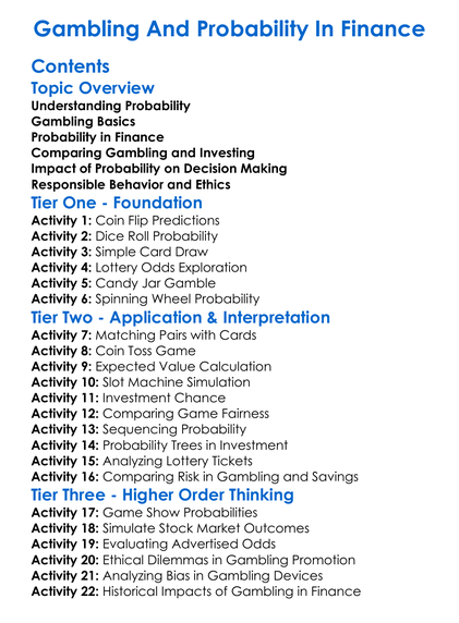 Gambling And Probability In Finance Worksheet Activity Booklet