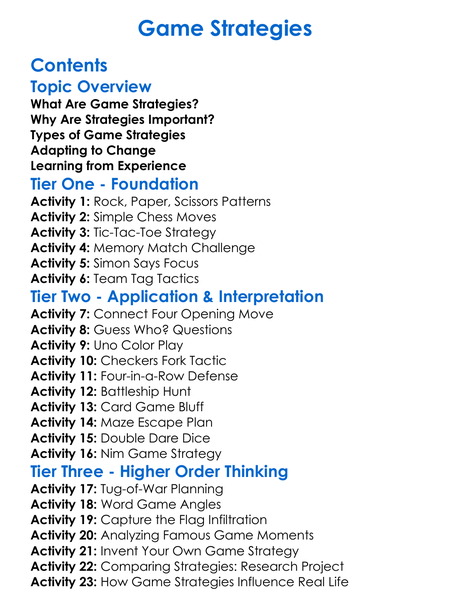 Game Strategies Worksheet Activity Booklet