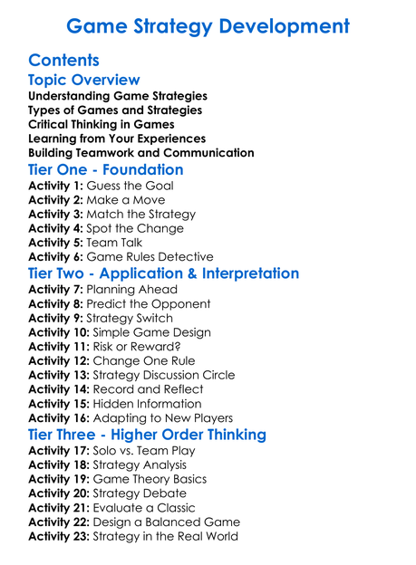 Game Strategy Development Worksheet Activity Booklet