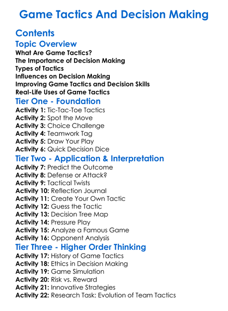 Game Tactics And Decision Making Worksheet Activity Booklet