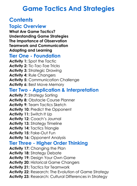 Game Tactics And Strategies Worksheet Activity Booklet