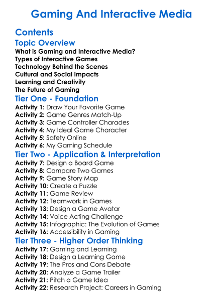 Gaming And Interactive Media Worksheet Activity Booklet