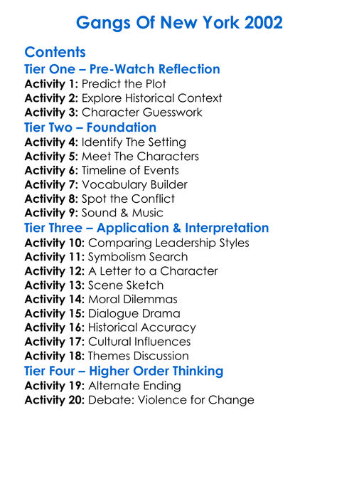 Gangs Of New York 2002 Worksheet Activity Booklet