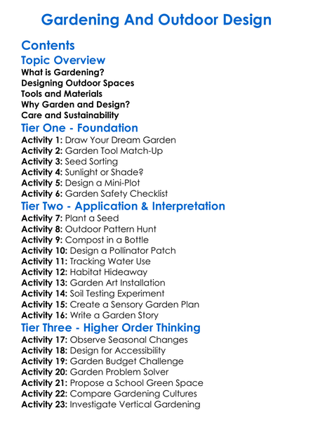 Gardening And Outdoor Design Worksheet Activity Booklet
