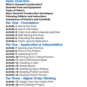 Garment Construction Basics Worksheet Activity Booklet