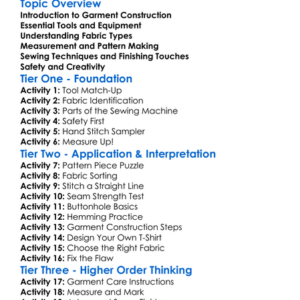 Garment Construction Fundamentals Worksheet Activity Booklet