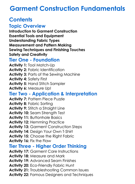 Garment Construction Fundamentals Worksheet Activity Booklet