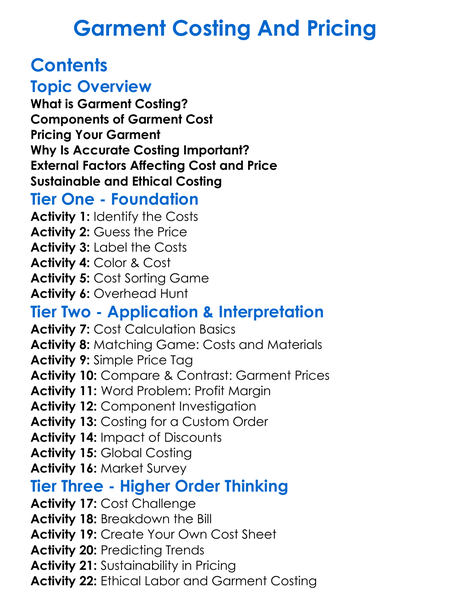 Garment Costing And Pricing Worksheet Activity Booklet