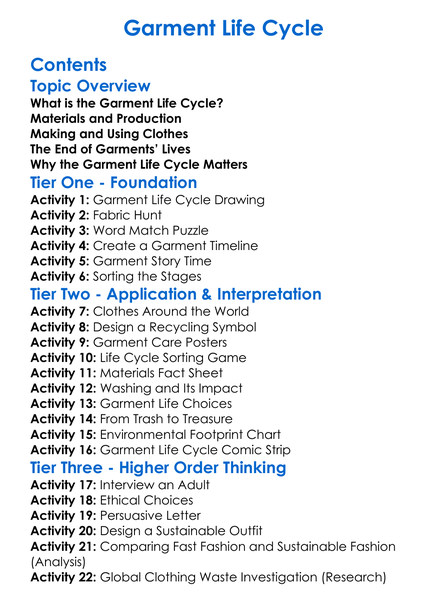 Garment Life Cycle Worksheet Activity Booklet