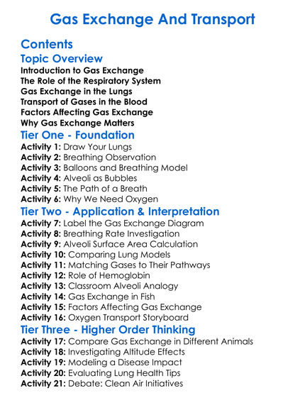 Gas Exchange And Transport Worksheet Activity Booklet