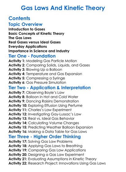 Gas Laws And Kinetic Theory Worksheet Activity Booklet