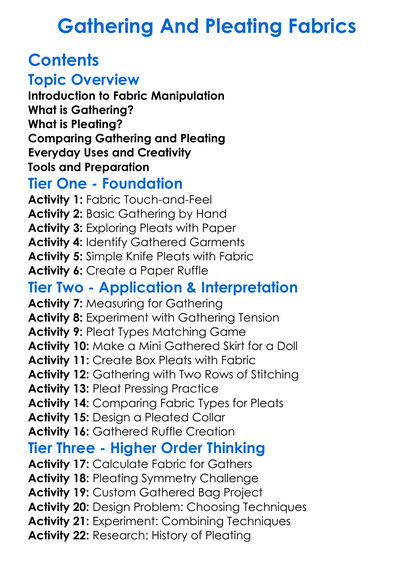 Gathering And Pleating Fabrics Worksheet Activity Booklet