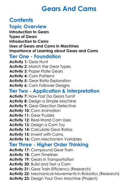 Gears And Cams Worksheet Activity Booklet